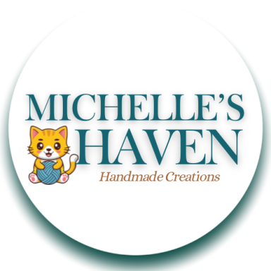 Michelle’s Haven logo surrounded by purple gold and teal crochet tools, yarn, scissors and beads