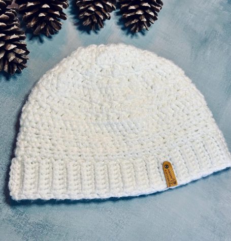 White Crochet Beanie Hat | Soft Acrylic Winter Warmth, Ribbed Brim (Handmade)