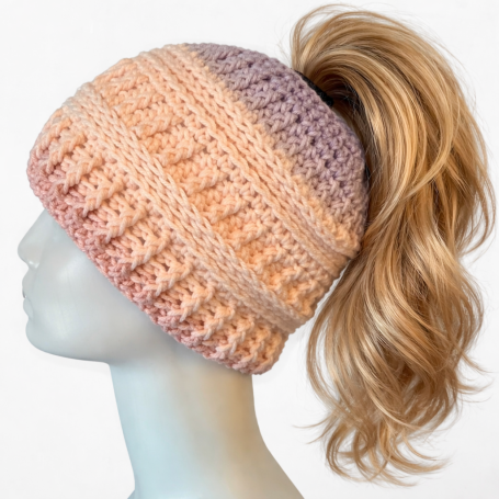 Crochet Messy Bun Beanie, Blush to Lavender Ombre Ponytail Hat Crochet Messy Bun Beanie, Blush to Lavender Ombre Ponytail Hat