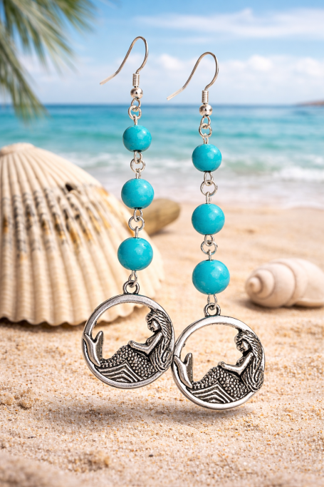 Mermaid Dangle Earrings | Turquoise Howlite, Nickel-Free Mermaid Dangle Earrings | Turquoise Howlite, Nickel-Free