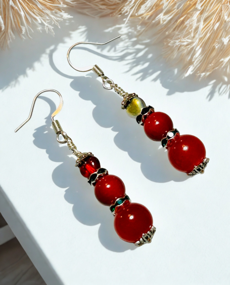 Red Glass Beaded Dangle Earrings, Queen of Hearts Valentines Day Handmade Earrings